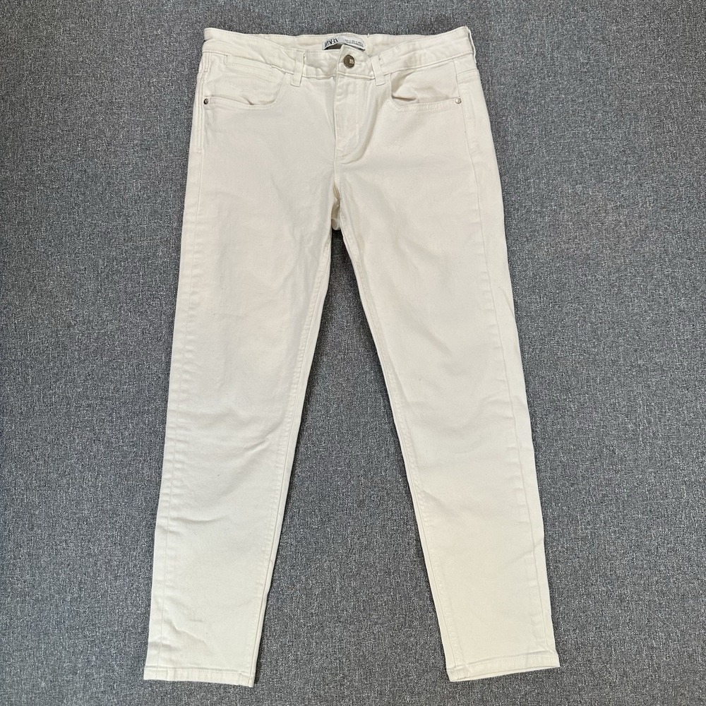ZARA Women's White Skinny Jeans Size 10 High Rise Stretch Denim Gold‎ Button